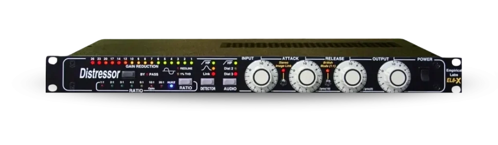 Front panel of the Empirical Labs Distressor EL8-X at Access Analog: gain-reduction LEDs, Ratio, Detector and Audio buttons, the British Mode and Stereo Image Link switches, and the Input, Attack, Release and Output knobs
