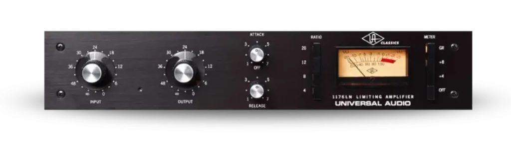 Front panel of the Universal Audio 1176LN at Access Analog: Input and Output knobs, Attack and Release controls, four ratio buttons, and the VU meter with its meter-function buttons
