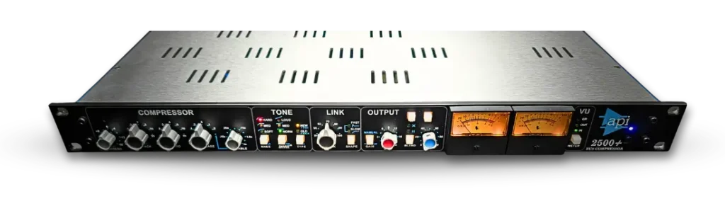 Front panel of the API 2500+ at Access Analog: Threshold, Attack, Ratio and Release, the Tone section with Knee, Thrust and Type, the Link section, Output with Blend and Mix, and twin VU meters.
