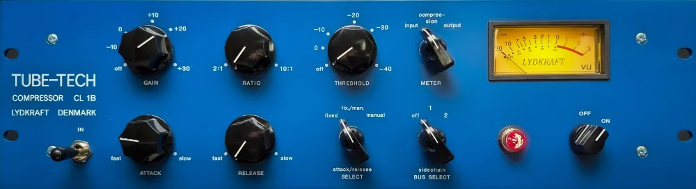Front panel of the Tube-Tech CL 1B showing its gain, ratio, threshold, meter, attack, release, attack/release select, and sidechain bus select controls.