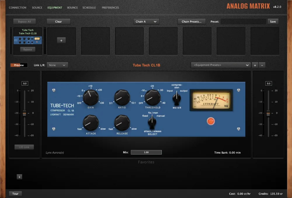 The Tube-Tech CL 1B inside the Access Analog Analog Matrix plugin, controlling the real hardware from the DAW with full recall.