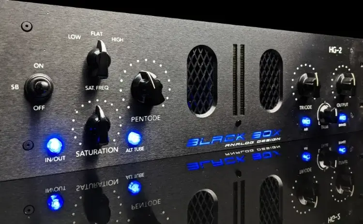 Black Box Analog Design HG-2 front panel with blue control LEDs lit, showing the Pentode, Saturation, Triode and Output knobs and twin tube windows.