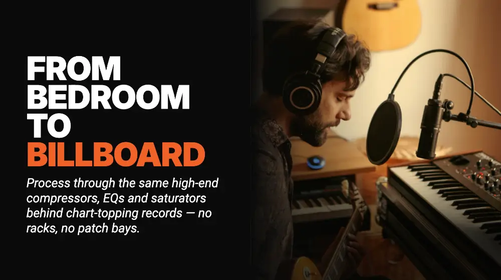 Home-studio producer in headphones singing into a condenser mic with pop filter, beside a synthesizer and acoustic guitar; overlay title reads From Bedroom to Billboard.