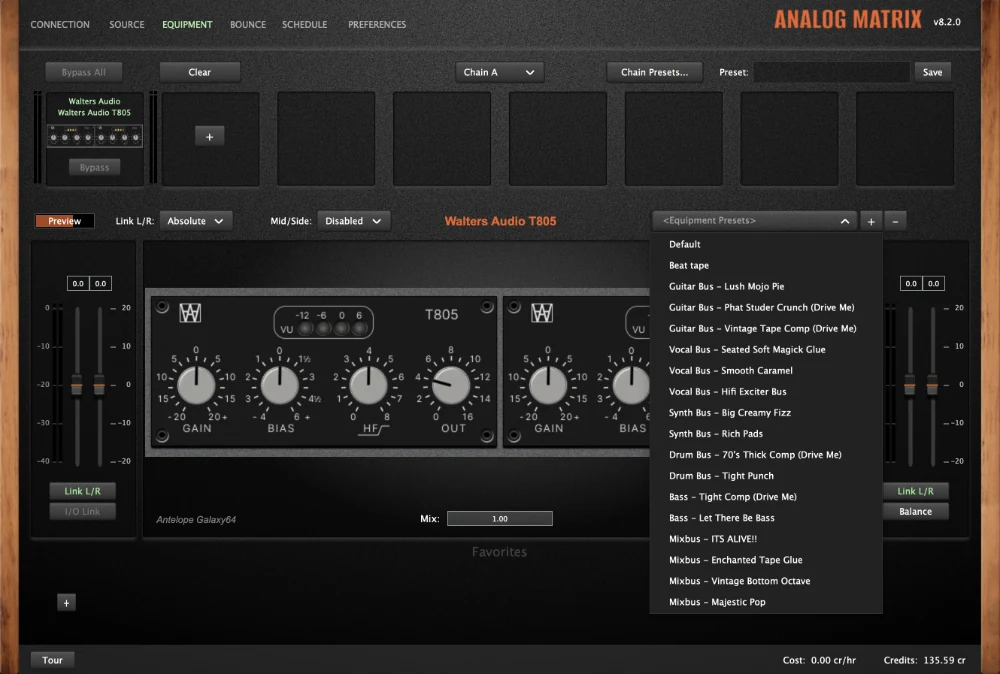 The Analog Matrix plugin with the Walters Audio T805 preset menu open, listing Karl Barnes's presets across guitar, vocal, synth, drum, bass, and mix buses.