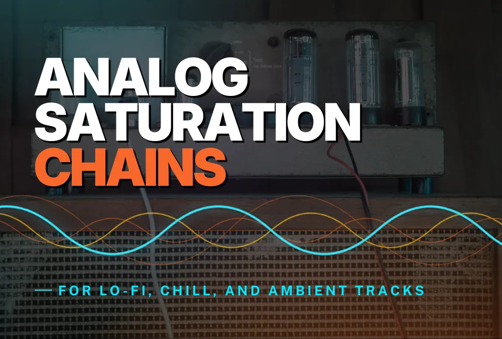 Title graphic reading 'Analog Saturation Chains for Lo-Fi, Chill, and Ambient Tracks' over a photo of vintage tube hardware, with orange and cyan sine waves across the bottom.