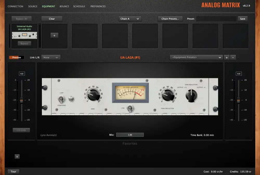 The Access Analog Analog Matrix plugin with a Universal Audio LA-2A loaded in the first slot of Chain A, showing the unit's front panel, input and output faders, and the session's credit balance.