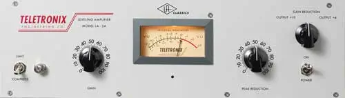 Front panel of the Teletronix LA-2A, left to right: the Limit/Compress toggle, the Gain knob marked 0 to 100, the VU meter, the Peak Reduction knob marked 0 to 100, and the meter selector switch reading Gain Reduction, Output +10, or Output +4.