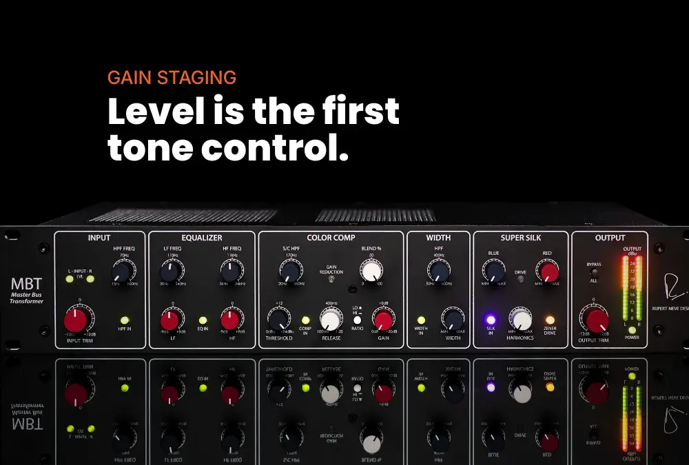 The Rupert Neve Designs MBT Master Bus Transformer front panel filling the frame on a dark background, beside the headline Level is the first tone control.