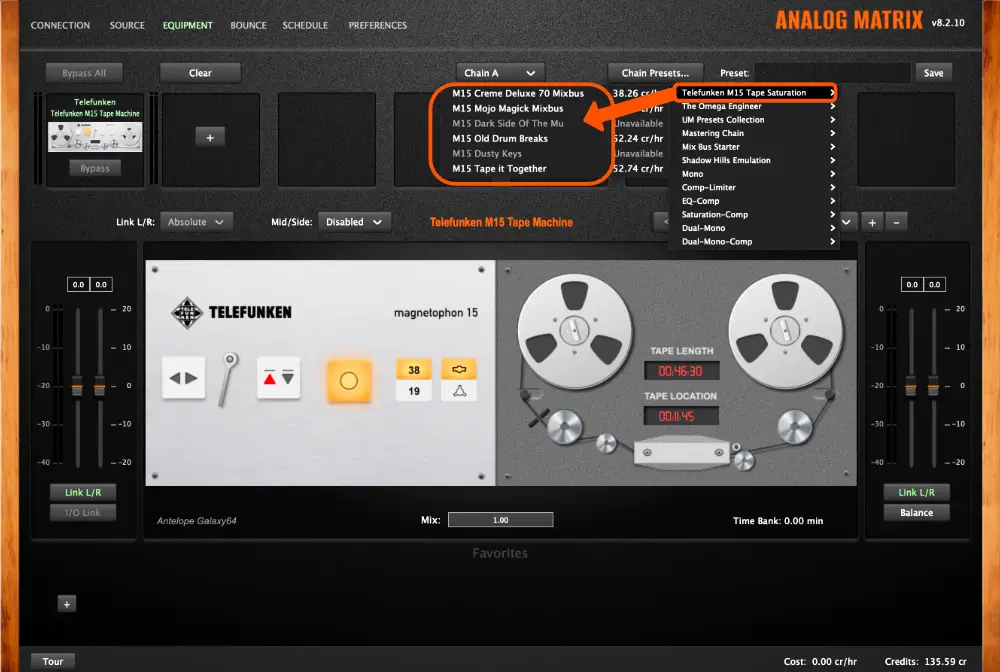 The Telefunken M15 loaded in the Access Analog Analog Matrix plugin, with the chain preset menu open showing the M15 preset list including Creme Deluxe 70 Mixbus, Mojo Magick Mixbus, and Dark Side Of The Mu.