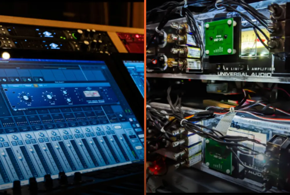 A DAW session with a plugin open on a studio monitor beside a real Universal Audio 1176LN in the Access Analog rack, fitted with the servo robotics that turn its knobs