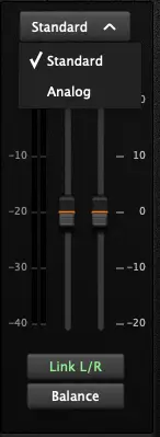 The routing selector above the faders in the Analog Matrix, open to show the Standard and Analog options.