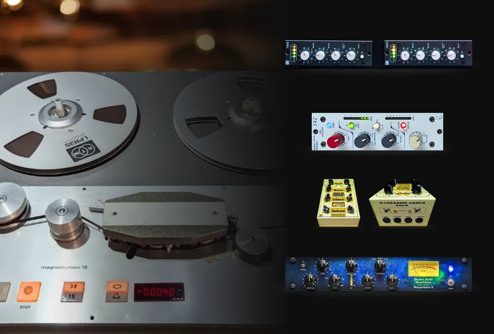 The real Telefunken M15 tape machine in the Access Analog rack beside four tape-style hardware units: the Walters Audio T805, Rupert Neve Designs 542, Handsome Audio Zulu and Tegeler Magnetismus 2
